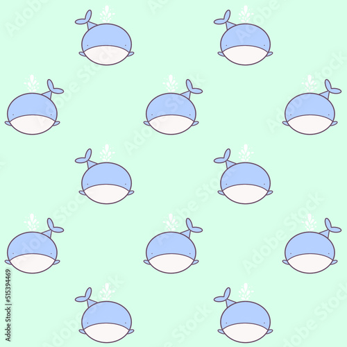 Cute spouting whale cartoon character pattern. Hand drawn flat vector illustration isolated on green background.