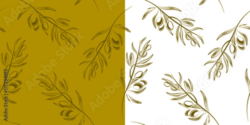 Seamless vector drawing with olives and a branch with leaves. Hand-drawn doodles. White, olive wallpaper background. Botanical print for fabric, 
textiles, wrapping paper. Olive harvest.