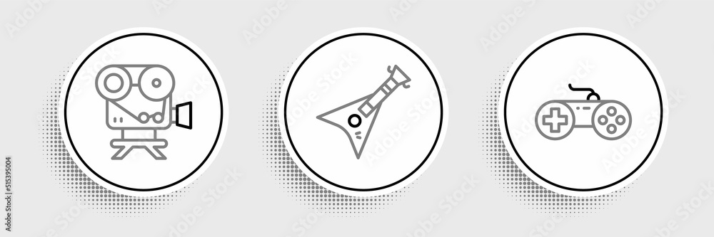 Set line Gamepad, Retro cinema camera and Electric bass guitar icon. Vector Set line Gamepad, Retro cinema camera and Electric bass guitar icon. Vector