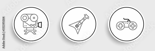 Set line Gamepad, Retro cinema camera and Electric bass guitar icon. Vector