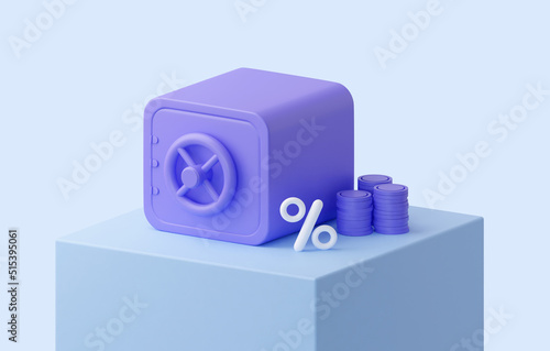 A closed purple safe with a stack of coins. 3d rendering