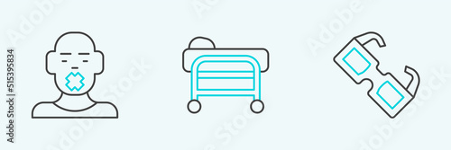 Set line Eyeglasses, Head of deaf and dumb and Stretcher icon. Vector