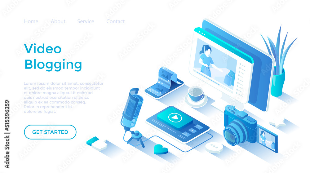 Video blogging. Making video content for blog or vlog in social networks. Video streaming in social media. Isometric illustration. Landing page template for web on white background. Video blogging. Making video content for blog or vlog in social networks. Video streaming in social media. Isometric illustration. Landing page template for web on white background.