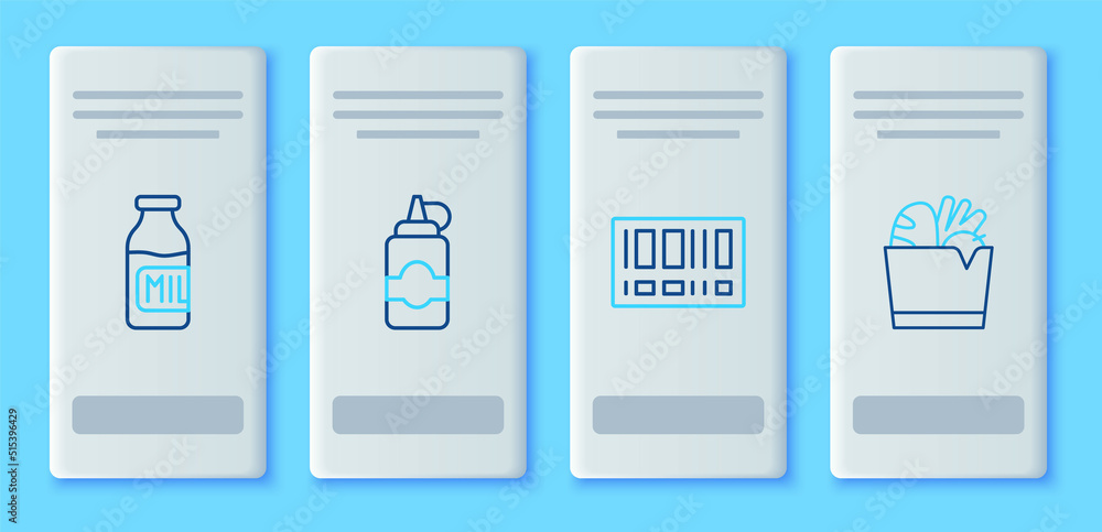 Set line Sauce bottle, Barcode, Bottle with milk and Shopping bag and food icon. Vector