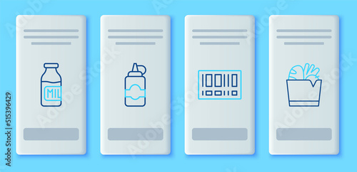 Set line Sauce bottle, Barcode, Bottle with milk and Shopping bag and food icon. Vector