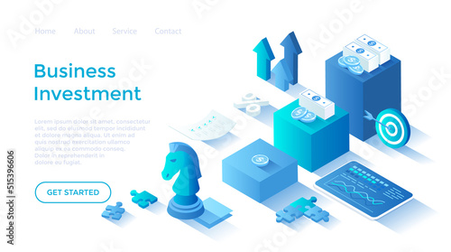 Investment strategy. Financial success from investing. Profit growth steps. Isometric illustration. Landing page template for web on white background.