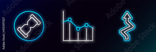 Set line Arrow, Old hourglass with sand and Pie chart infographic icon. Glowing neon. Vector