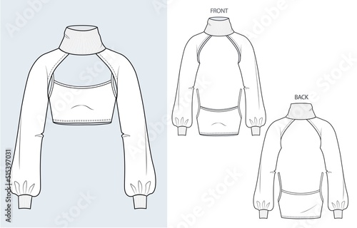 Girl's cropped Sweatshirt, Tank Top design fashion flat sketch template. Sweatshirt with rib collar, Crop Tank Top fashion cad mockup set, front and back view, white.