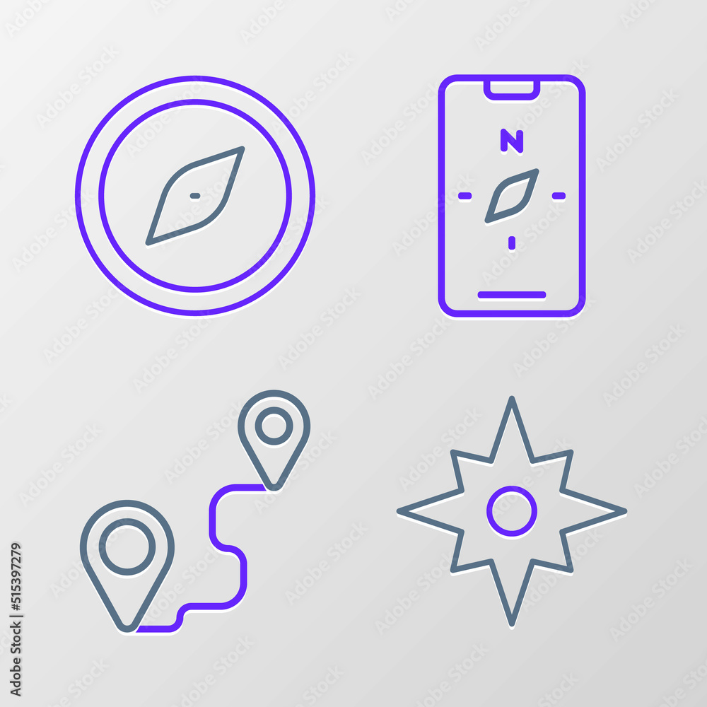 Set line Wind rose, Route location, Compass mobile and icon. Vector Set line Wind rose, Route location, Compass mobile and icon. Vector