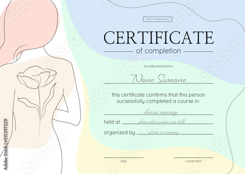 Certificate of completion in course of body care. Certificate of achievement, award for successfully completed education 