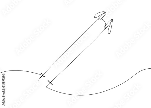 Ski poles one line art. Continuous line drawing of sport, winter, player, sports, activity, skiing, ski, mountains, hill, sticks, vacation, adventure, accessory, tourism, snow, play.
