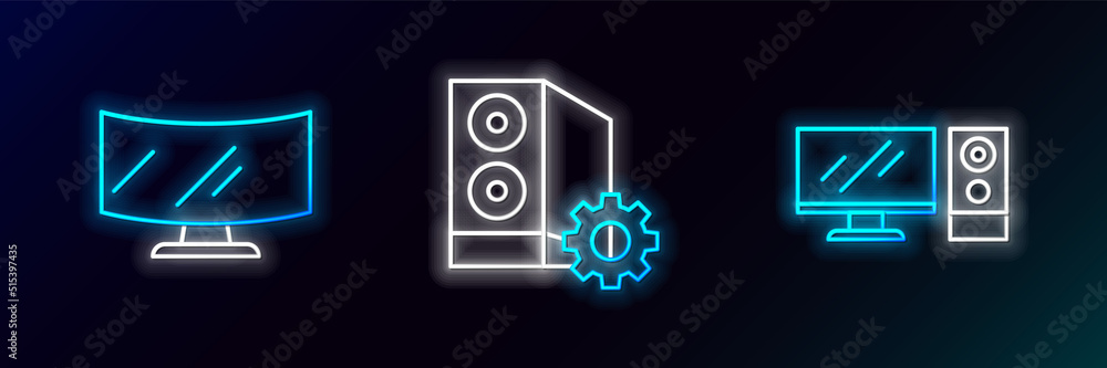 Set line Computer monitor, screen and Case of computer icon. Glowing neon. Vector Set line Computer monitor, screen and Case of computer icon. Glowing neon. Vector