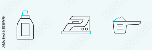 Set line Washing powder, Bottle for cleaning agent and Electric iron icon. Vector