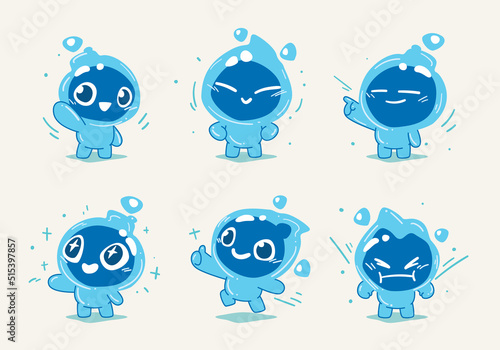 set of water element cartoon character mascot