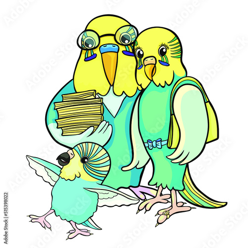 Family of wavy parrots mom, dad and baby vector illustration