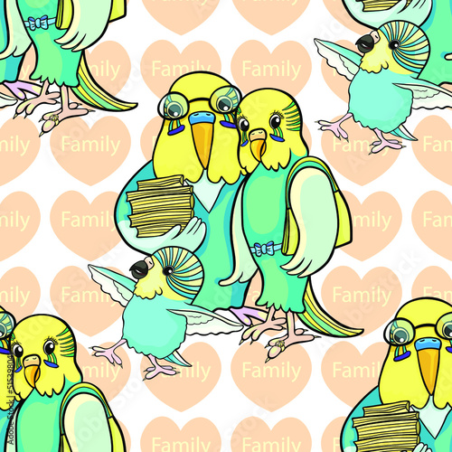 seamless pattern Family of wavy parrots mom, dad and baby vector illustration