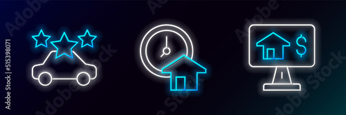 Set line Online real estate, Car sharing and Time is money icon. Glowing neon. Vector