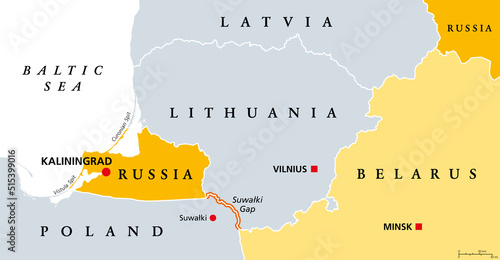 Suwalki Gap, political map. Also known as the Suwalki Corridor, the border starting from the Russian exclave Kaliningrad Oblast to Belarus,  between Lithuania and Poland, near the Polish town Suwalki.