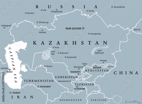 Central Asia, gray political map. Subregion of Asia, consisting of former Soviet republics, stretching from the Caspian Sea to China and Mongolia, and from south of Russia to Afghanistan and Iran. photo