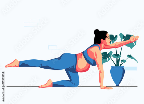 Happy pregnant girl in a sports suit doing yoga and exercises for health and relaxation. International Yoga Day. The pregnant woman performs aerobics exercises and morning meditation at home. 