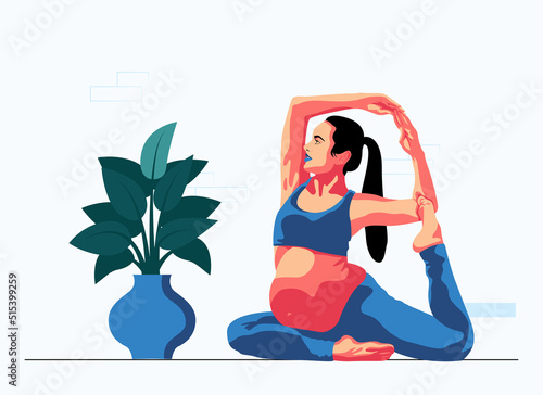 Happy pregnant girl in a sports suit doing yoga and exercises for health and relaxation. International Yoga Day. The pregnant woman performs aerobics exercises and morning meditation at home. 