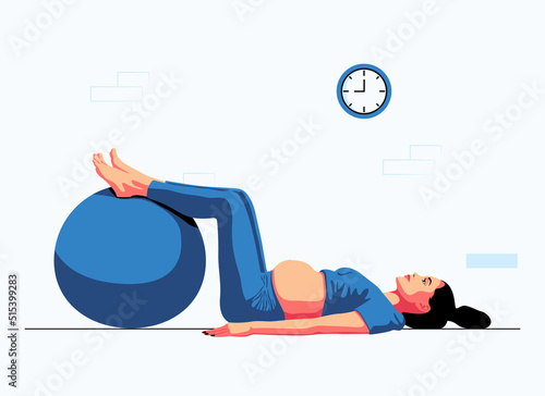 Happy pregnant girl in a sports suit doing yoga and exercises for health and relaxation. International Yoga Day. The pregnant woman performs aerobics exercises and morning meditation at home. 
