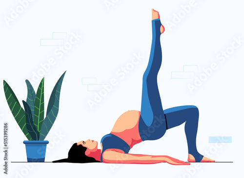 Happy pregnant girl in a sports suit doing yoga and exercises for health and relaxation. International Yoga Day. The pregnant woman performs aerobics exercises and morning meditation at home. 