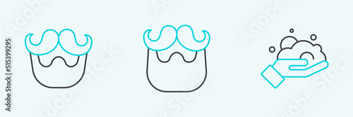 Set line Shaving foam on hand, Mustache beard and icon. Vector