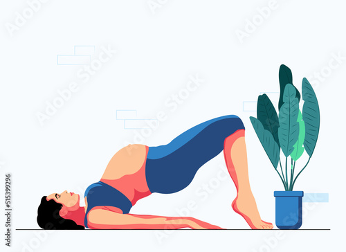Happy pregnant girl in a sports suit doing yoga and exercises for health and relaxation. International Yoga Day. The pregnant woman performs aerobics exercises and morning meditation at home. 