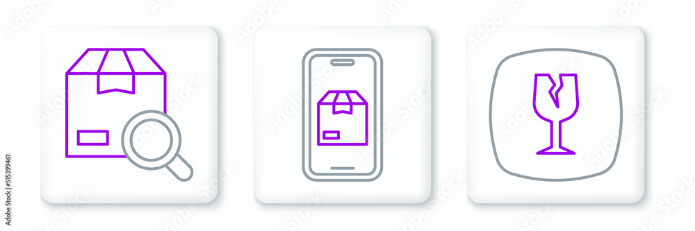 Set line Fragile broken glass, Search package and Mobile app delivery tracking icon. Vector Set line Fragile broken glass, Search package and Mobile app delivery tracking icon. Vector