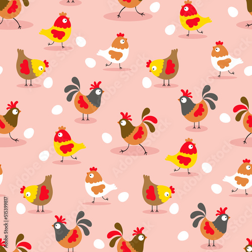 Seamless background pattern with chickens  roosters and eggs