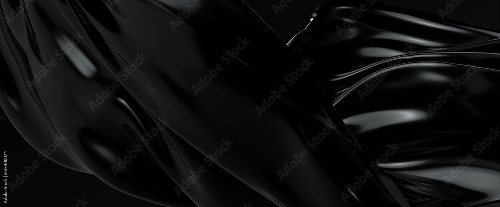Black fabric satin silk background, Elegant luxurious cloth backdrop. 3d illustration.