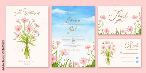 Watercolor flower hand bouquet landscape wedding invitation set template