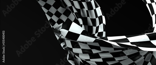 Black and white checkered curved flag or ribbon, sport banner on dark background © vegefox.com