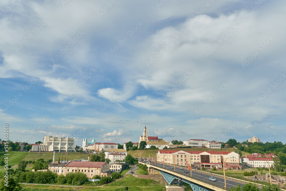 Panoramic view of the city center from above. River and bridge in the historical center of the city. movement of clouds over the city