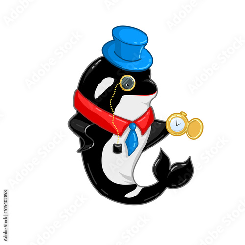killer whale Gentleman Cartoon Character. orca in top hat, with monocle and retro pocket watch vector illustration isolated. underwater wild sea animal. shark dolphin funny picture for mascote, stiker