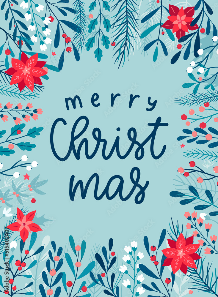 Christmas lettering quote decorated with floral frame border for greeting cards, posters, prints, invitation templates, etc. EPS 10