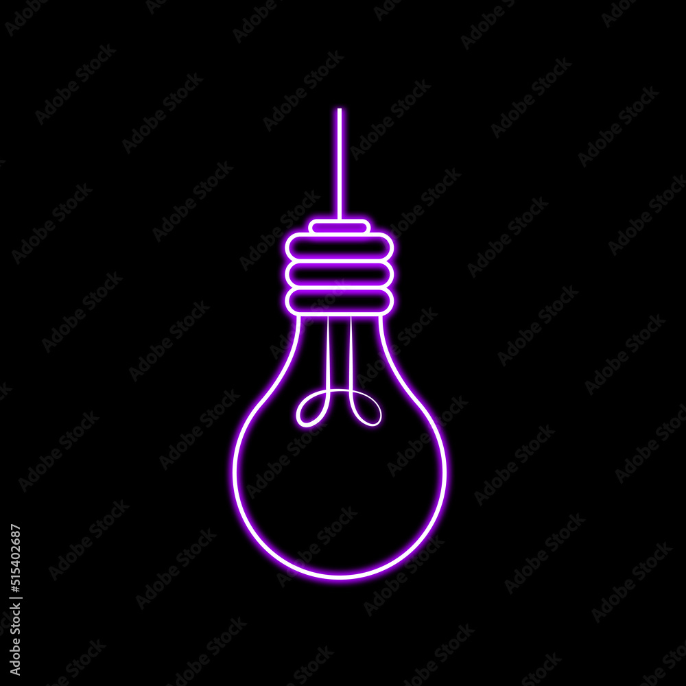 Icono de bombilla o foco con luz morado neón. Color luminiscente. Concepto de iluminación y decoración Icono de bombilla o foco con luz morado neón. Color luminiscente. Concepto de iluminación y decoración
