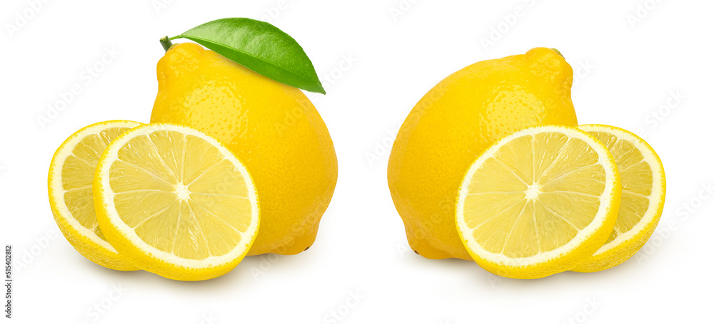 ripe lemon fruit and lemon slices with leaves isolated on white background, Fresh and Juicy Lemon ripe lemon fruit and lemon slices with leaves isolated on white background, Fresh and Juicy Lemon