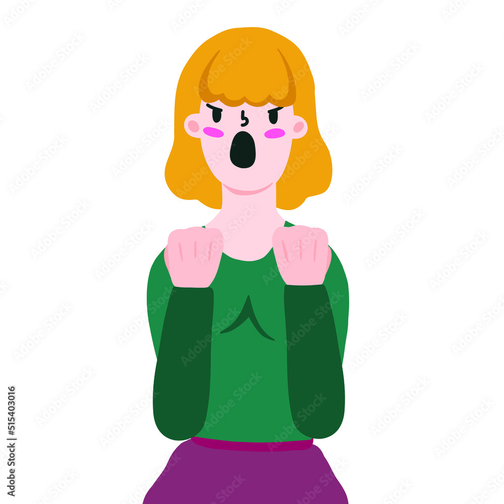 Angry evil woman clenches her fists. Disgruntled person. Angry man in cartoon flat style. Vector illustration on a white background. Angry evil woman clenches her fists. Disgruntled person. Angry man in cartoon flat style. Vector illustration on a white background.