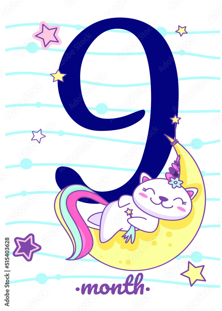 Cute baby 9 month anniversary card with numbers and animals, four, five