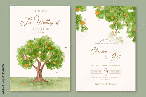 Set of wedding invitation with watercolor orange trees landscape template photo
