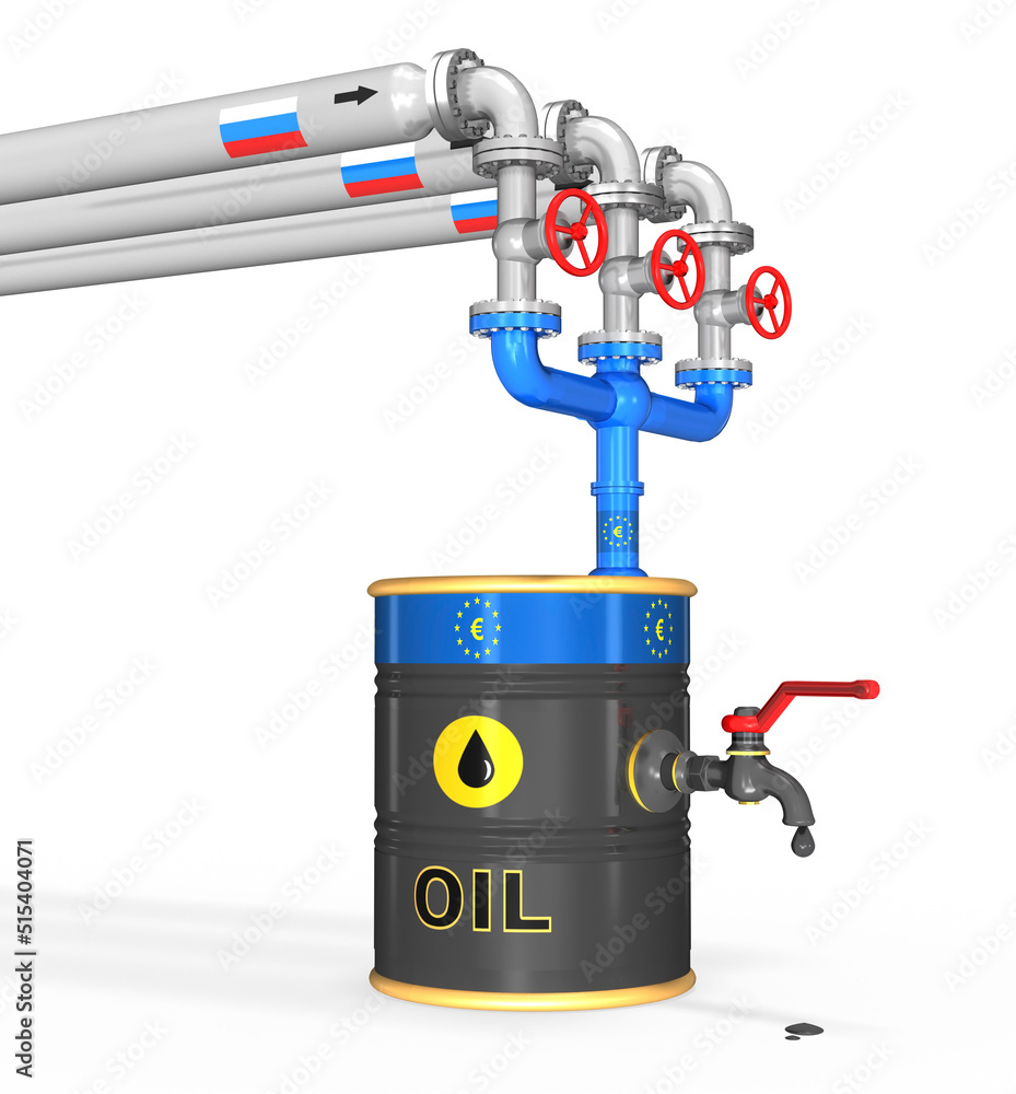 3d Ölfass mit Pipeline, Absperrhahn und Absperrventil als Embargo, Illustration isoliert 3d Ölfass mit Pipeline, Absperrhahn und Absperrventil als Embargo, Illustration isoliert