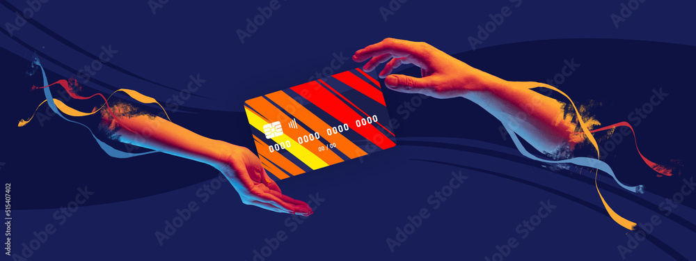 Contemporary art collage. Modern colorful design with credit card on human hand isolated on dark blue background - obrazy, fototapety, plakaty 