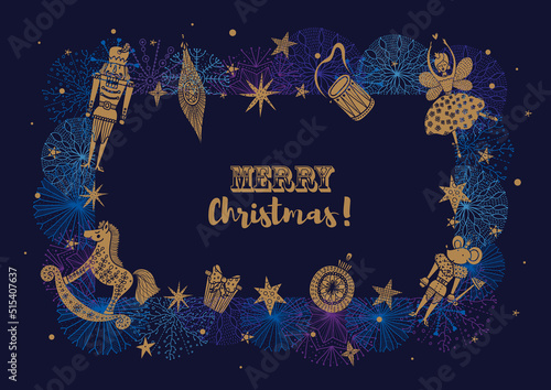 Gold Nutcracker. Cute Christmas vector poster. .