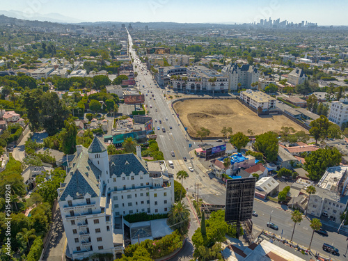 Aerial View of Sunset Blvd Los Angeles California with Downtown L.A. in the background.