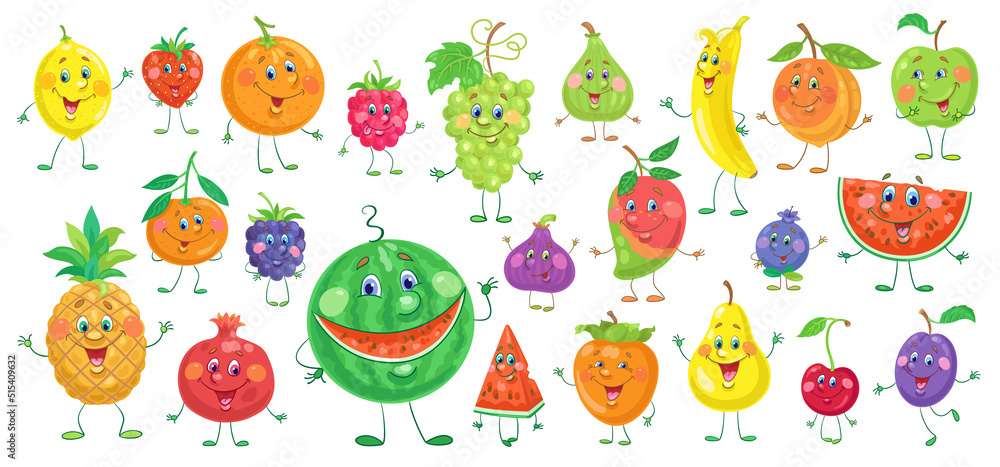 Big set of funny colorful fruits. Characters in cartoon style. Isolated on white background. Vector flat illustration. Big set of funny colorful fruits. Characters in cartoon style. Isolated on white background. Vector flat illustration.
