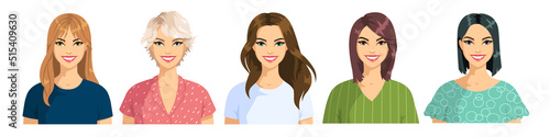 A set of portraits of random women with different hairstyles and hair colors. Young smiling women in different clothes. Illustrations in cartoon style isolated on white background. Vector.