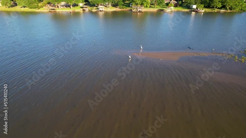 Aerial footage of Cedar Creek Lake in Texas.  Camera is flying west over a sand bar and white herons. photo