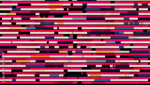 Abstract horizontal parallel rows of short lines moving into the different directions on black background, seamless loop. Animation. Pink segments appear and flow fast.